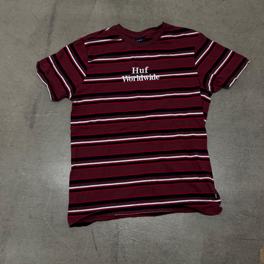 Huf Worldwide Striped T-Shirt Burgundy Black White Embroidered Logo Size L - Picture 2 of 4